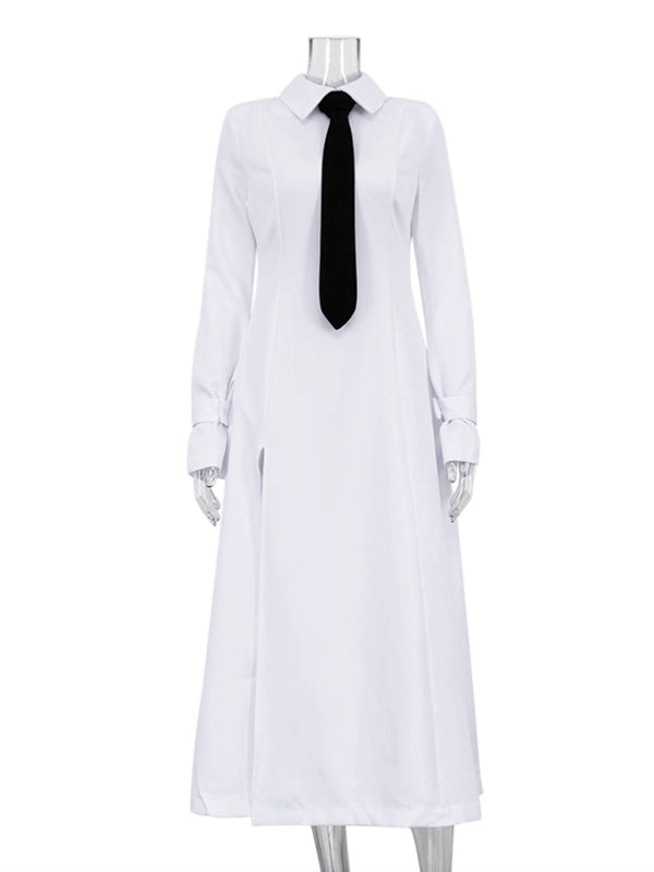 Robe chemise longue à manches évasées et boutonnée, couleur unie, fendue sur le côté et à revers 