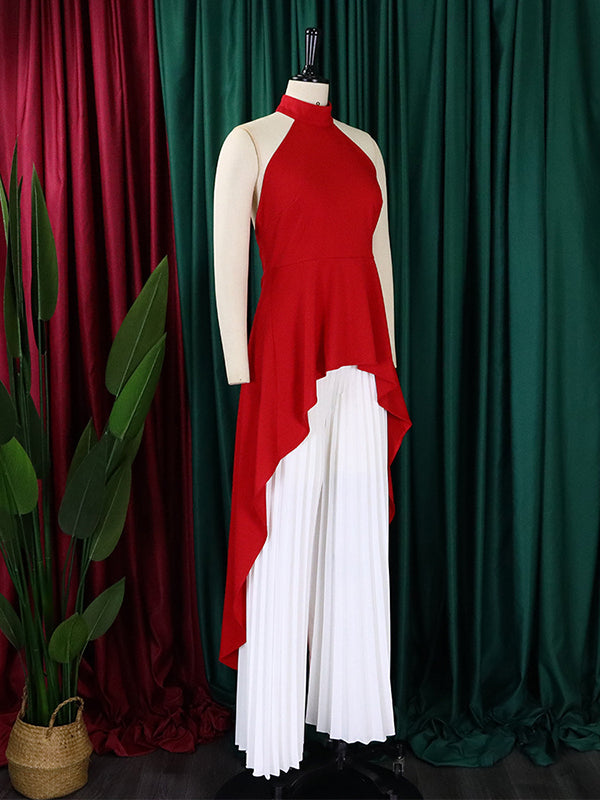 Ensemble deux pièces haut court et pantalon taille haute en dentelle à dos nu et col licou 