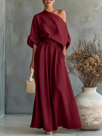Loose Solid Color One-Shoulder Blouses&Shirts Tops + High Waisted Pleated Pockets Pants Trousers Two Pieces Set
