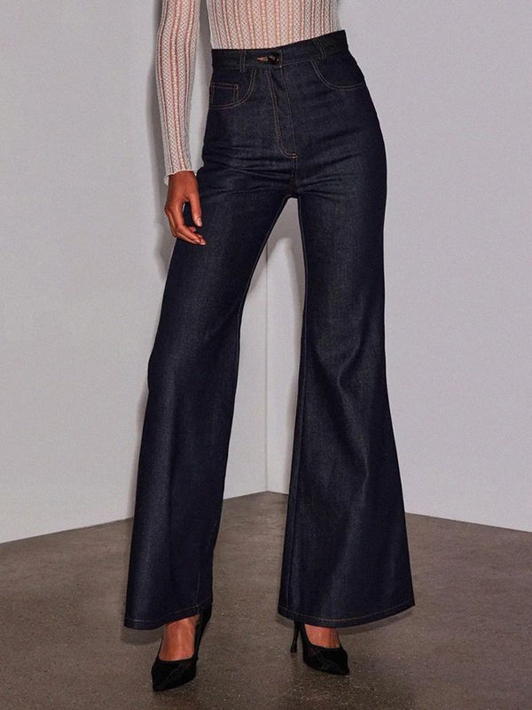 Pantalon en jean taille haute à jambes larges et poches de couleur unie 