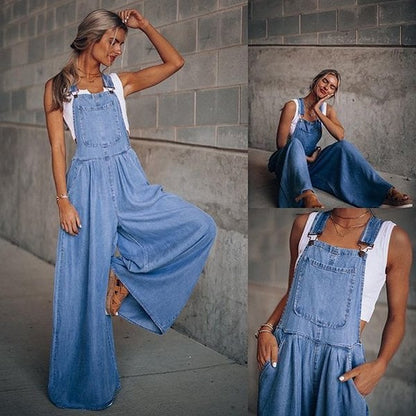Indie | Women's Denim Overalls Wide Leg Bib Jumpsuit Casual