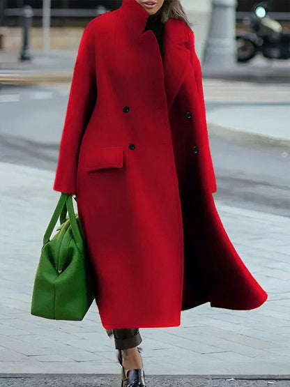 Split-Joint Solid Color Pockets Buttoned Loose Long Sleeves Stand Collar Woolen Coat