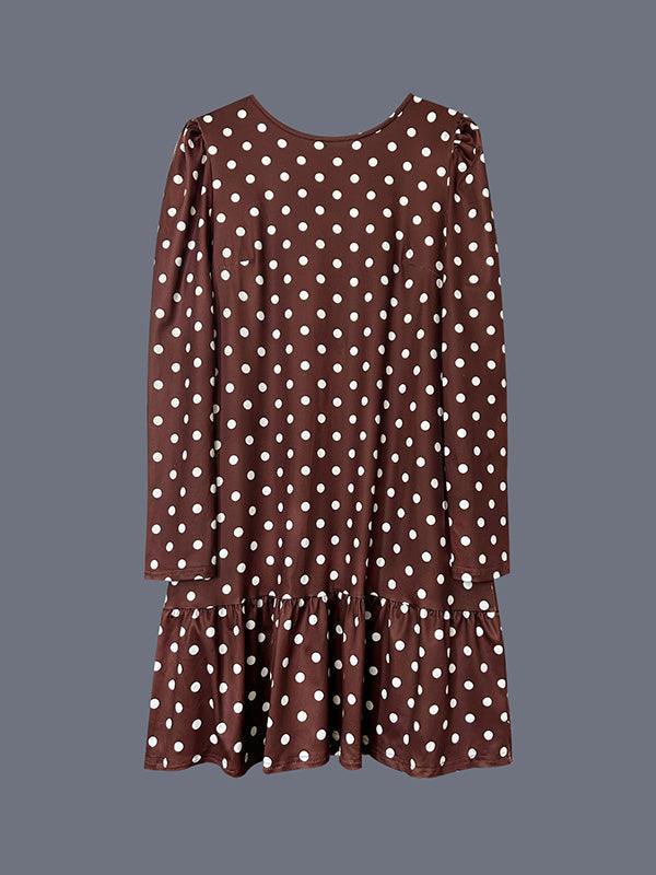 A-Line Long Sleeves Contrast Color Pleated Polka-Dot Split-Joint Round-Neck Midi Dresses