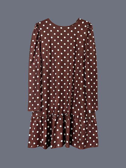 A-Line Long Sleeves Contrast Color Pleated Polka-Dot Split-Joint Round-Neck Midi Dresses
