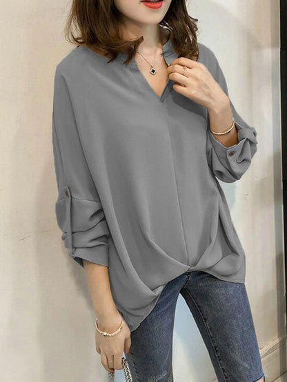 Casual Long Sleeves Loose Solid Color V-Neck Blouses&Shirts Tops