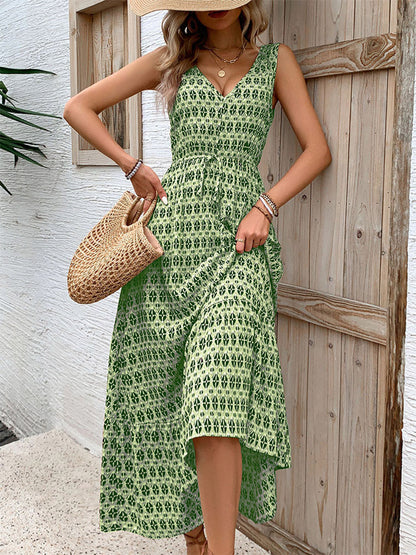 High Waisted Sleeveless Contrast Color Printed Tied Waist V-Neck Maxi Dresses
