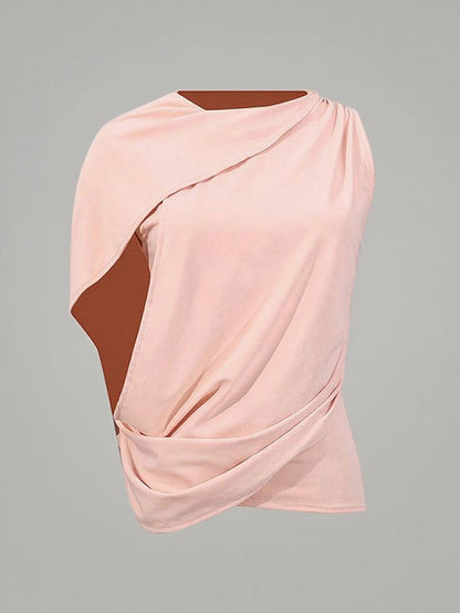 Loose Sleeveless Pleated Solid Color Round-Neck T-Shirts Tops