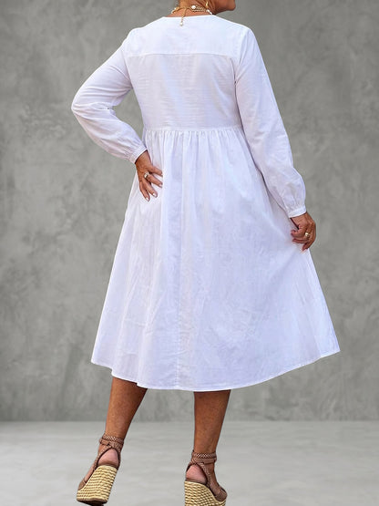 A-Line Long Sleeves Contrast Color Flower Print Pleated V-Neck Midi Dresses Shirt Dress