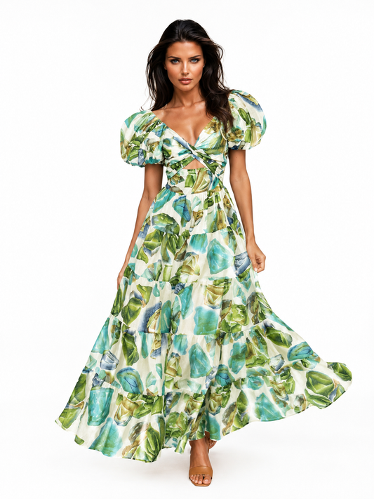 ERVA Botanica Escape Maxi Dress – Puff Sleeve Cutout Botanical Print Dress