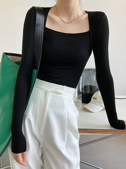 Long Sleeves Skinny Solid Color Square-Neck T-Shirts Tops BLACK
