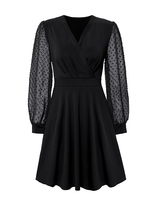 A-Line Long Sleeves Gauze Pleated Split-Joint V-Neck Midi Dresses