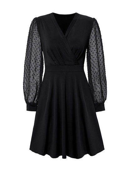 A-Line Long Sleeves Gauze Pleated Split-Joint V-Neck Midi Dresses