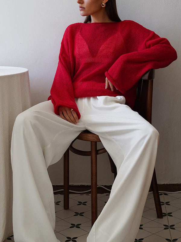 Long Sleeves Loose See-Through Solid Color Split-Joint Round-Neck Sweater Tops