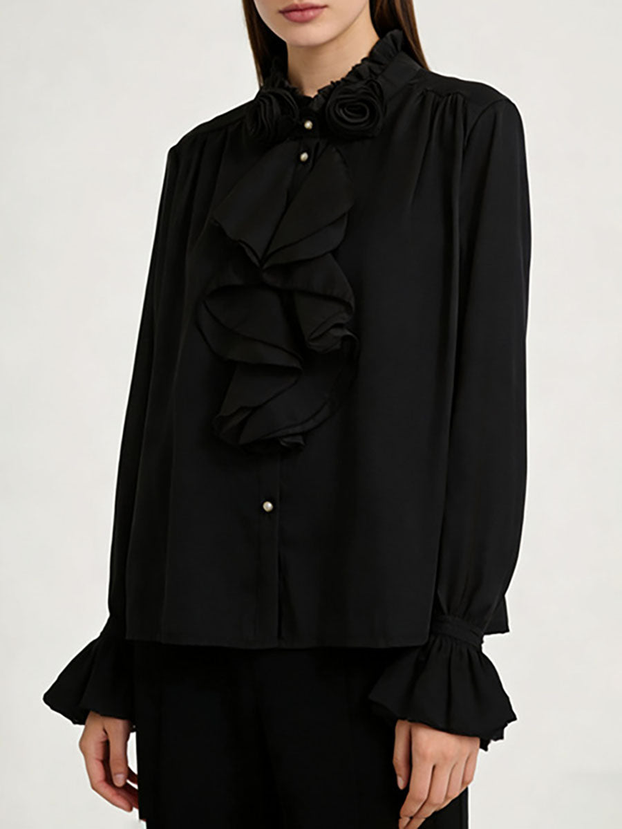 Long Sleeves Ruffle Sleeves Buttoned Pleated Ruffled Solid Color Split-Joint Stand Collar Blouses&Shirts Tops