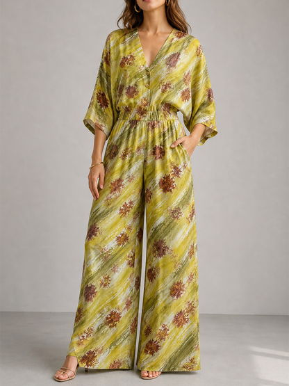 Printed Pockets Elasticity Buttoned Wide Leg High Waisted V-neck Jumpsuits