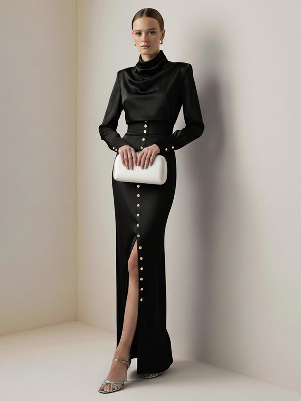 Split-Joint Heaps Collar Long Sleeves Pleated Blouses&Shirts Tops + Elasticated Waist Asymmetric Buttoned  Contrast Color Split-Side Zipper Skirts Bottoms Two Pieces Set