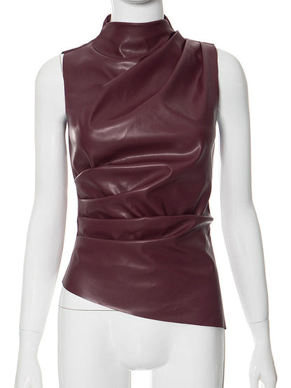 Haut moulant sans manches asymétrique plissé de couleur unie à col montant 