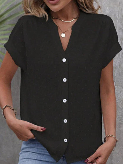 Loose Raglan Sleeve Buttoned Jacquard Solid Color V-Neck Blouses&Shirts Tops