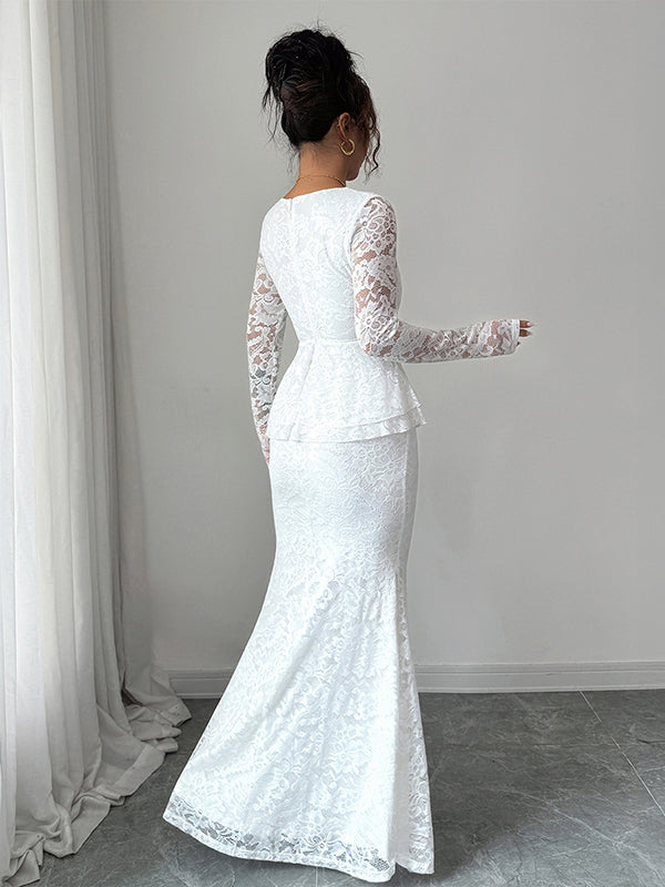 Bodycon Long Sleeves Flower Print Ruffled See-Through Solid Color Split-Joint Square-Neck Maxi Dresses