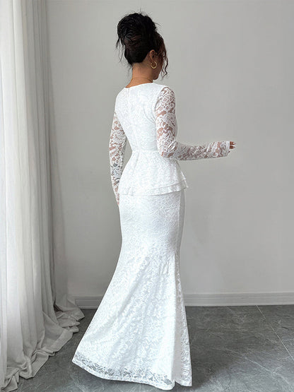 Bodycon Long Sleeves Flower Print Ruffled See-Through Solid Color Split-Joint Square-Neck Maxi Dresses