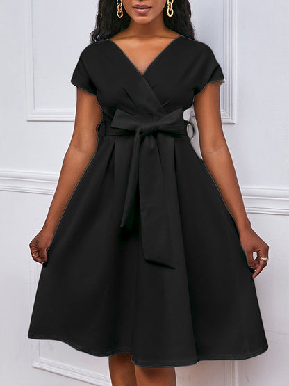 Einfarbige Midikleider mit Schleife und V-Ausschnitt 