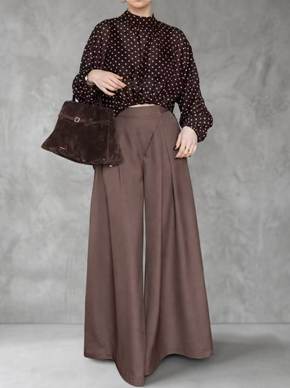 Solid Color Pockets Pleated Wide Leg High Waisted Trousers Pants