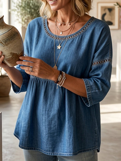 Loose Three-Quarter Sleeves Hollow Solid Color Round-Neck Blouses&Shirts Tops