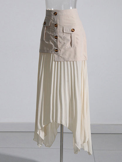 A-Line Loose Asymmetric Buttoned Pleated Split-Joint Zipper Skirts Bottoms