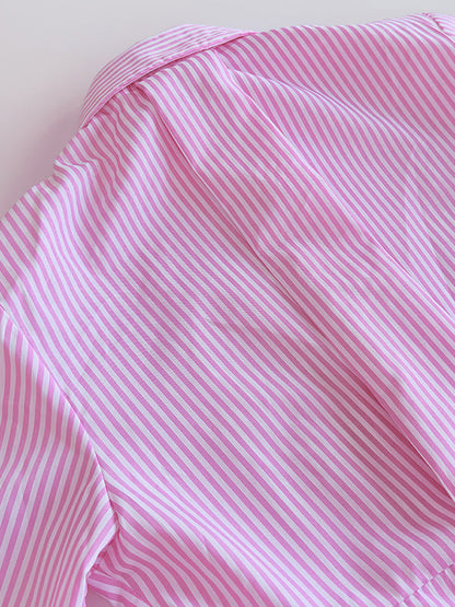 Long Sleeves Loose Asymmetric Split-Joint Striped Lapel Blouses