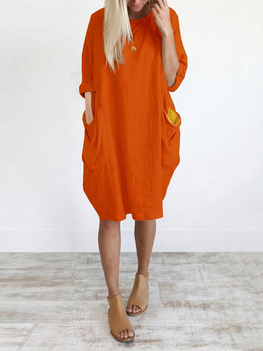 Long Sleeves Loose Pockets Solid Color Round-Neck Mini Dresses