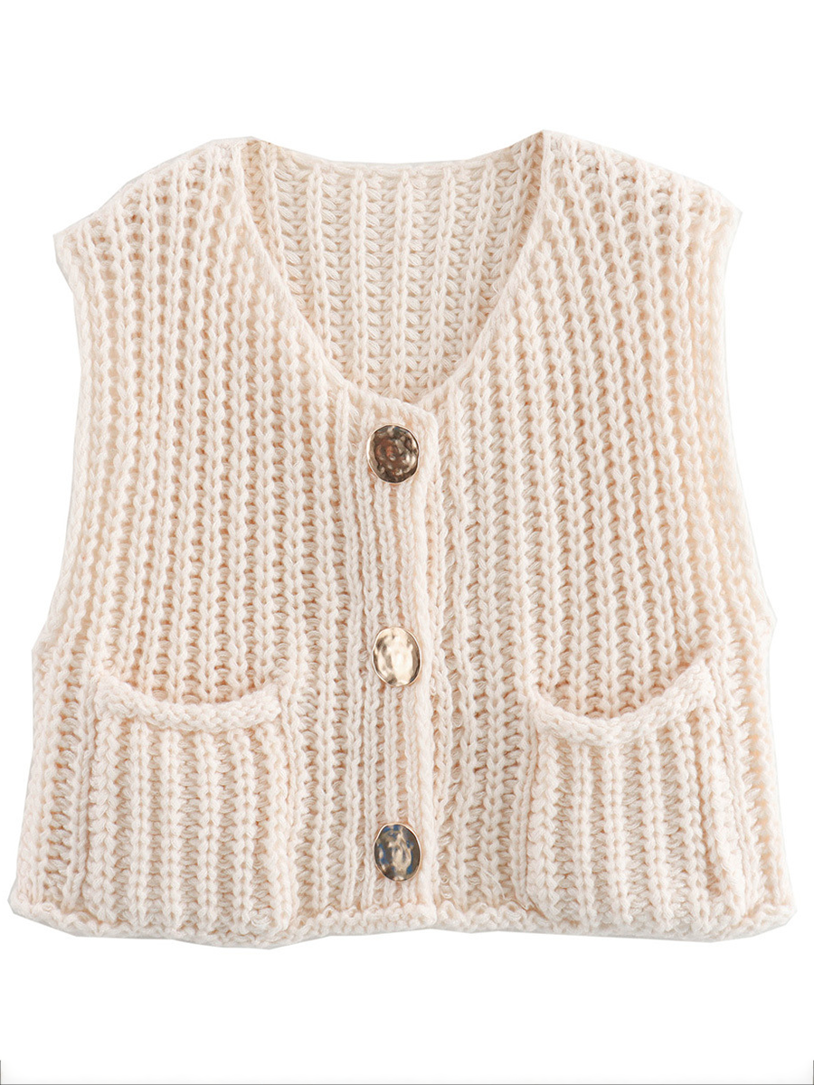 Sleeveless Buttoned Pockets Solid Color Cardigan Tops Knit Top
