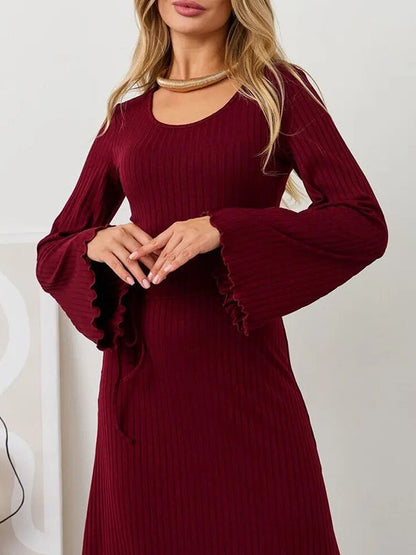 Long Sleeves Pleated Ruffled Solid Color Split-Joint Round-Neck Maxi Dresses