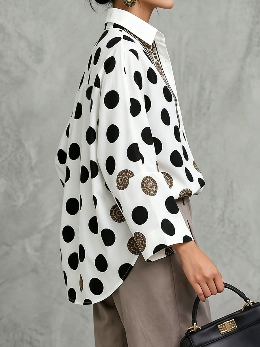 Long Sleeves Loose Buttoned Polka Dot Printed V-Neck Blouses&Shirts Tops