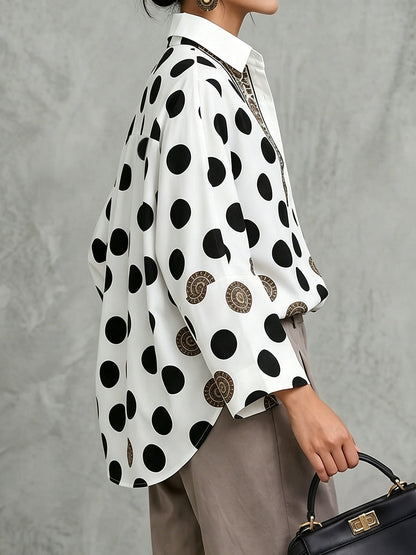 Long Sleeves Loose Buttoned Polka Dot Printed V-Neck Blouses&Shirts Tops