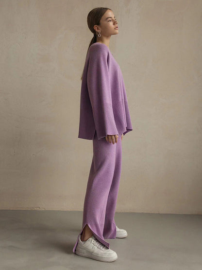 Casual Long Sleeves Loose Solid Color Round-Neck Sweater Tops & Wide Leg Pants Two Pieces Set
