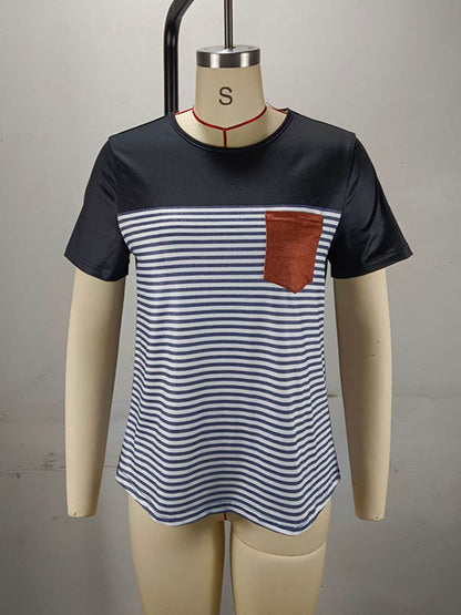 Loose Short Sleeves Split-Joint Striped Round-Neck T-Shirts Tops