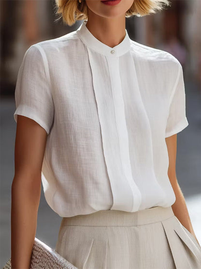 Loose Short Sleeves Buttoned Solid Color Split-Joint Round-Neck Blouses&Shirts Tops