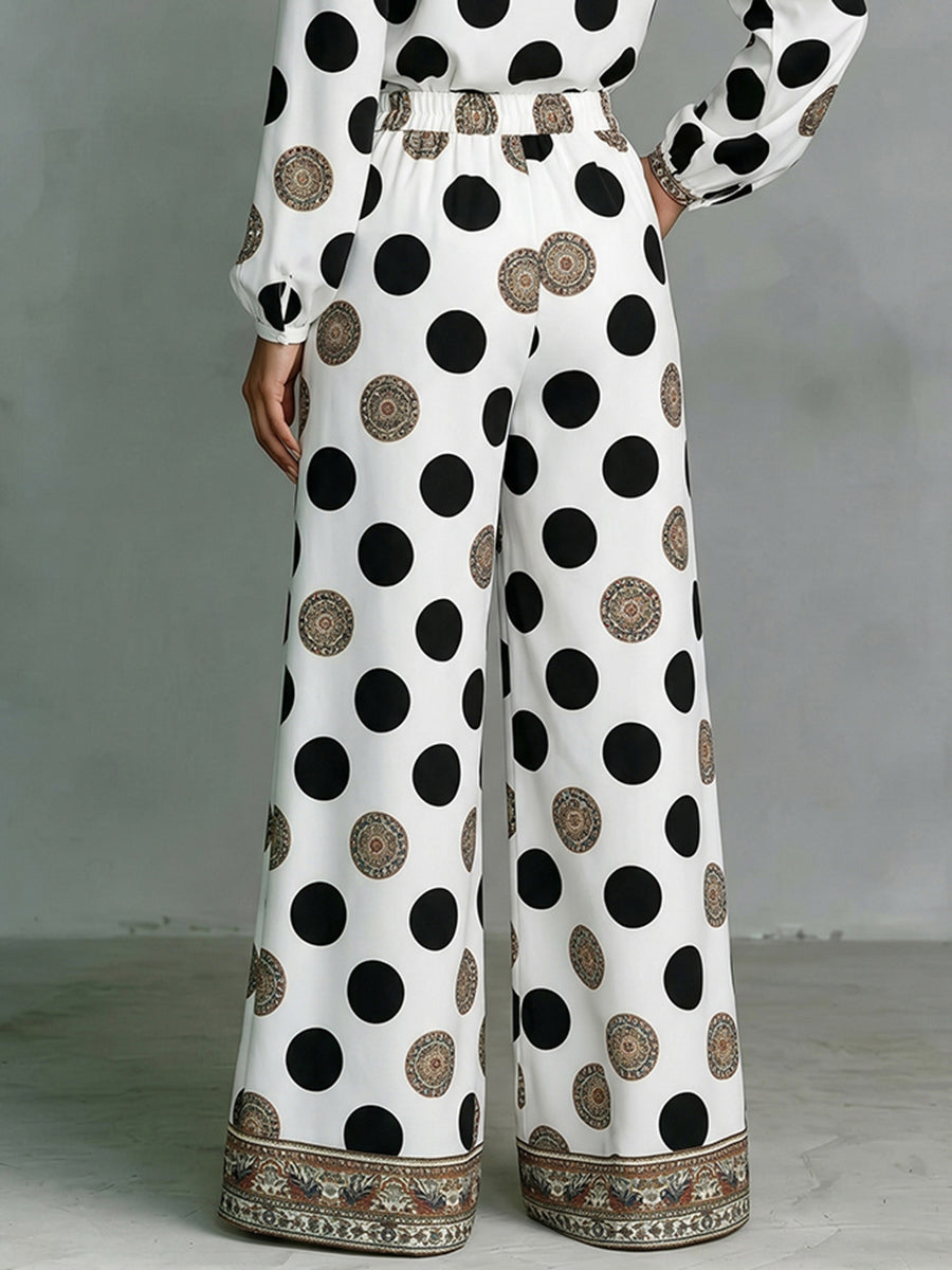 High Waisted Wide Leg Contrast Color Elasticity Pockets Polka Dot Printed Pants Trousers