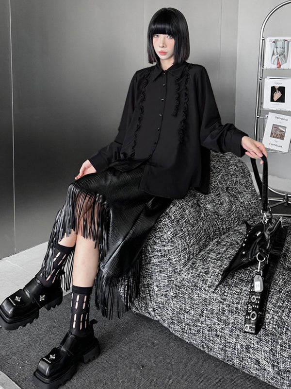 Hipster Long Sleeves Buttoned Falbala Ruffled Solid Color Split-Joint Lapel Blouses&Shirts Tops