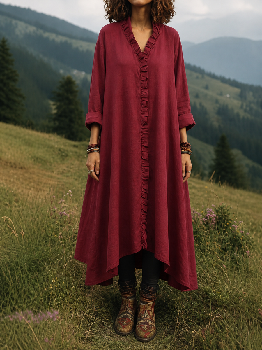 Split-Joint Solid Color Ruffled Loose Long Sleeves V-neck Midi Dresses