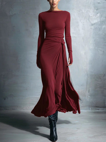 Split-Joint Solid Color Knot Asymmetric Long Sleeves Round-neck Maxi Dresses