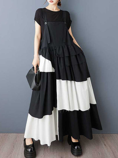A-Line Loose Asymmetric Buttoned Pleated Spaghetti-Neck Maxi Dresses Suspender Dress