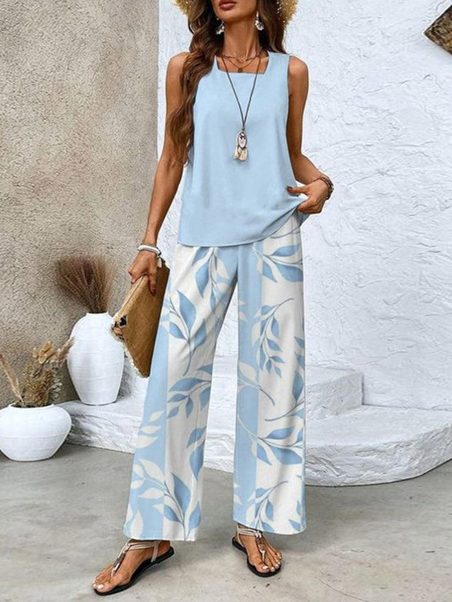 Loose Solid Color Square-Neck Tank Top + Contrast Color Leaves Print Pockets High Waisted Trousers Pants Two Pieces Set