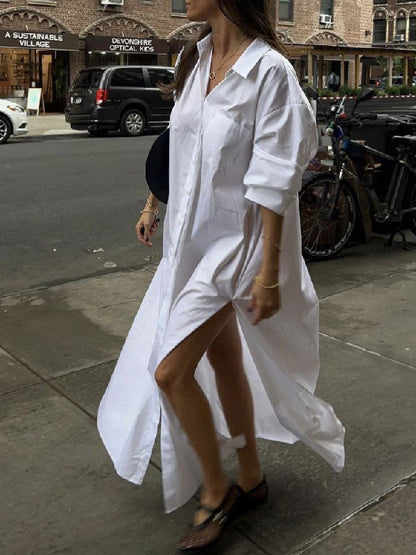 Long Sleeves Loose Buttoned Solid Color Split-Side Lapel Maxi Shirt Dress