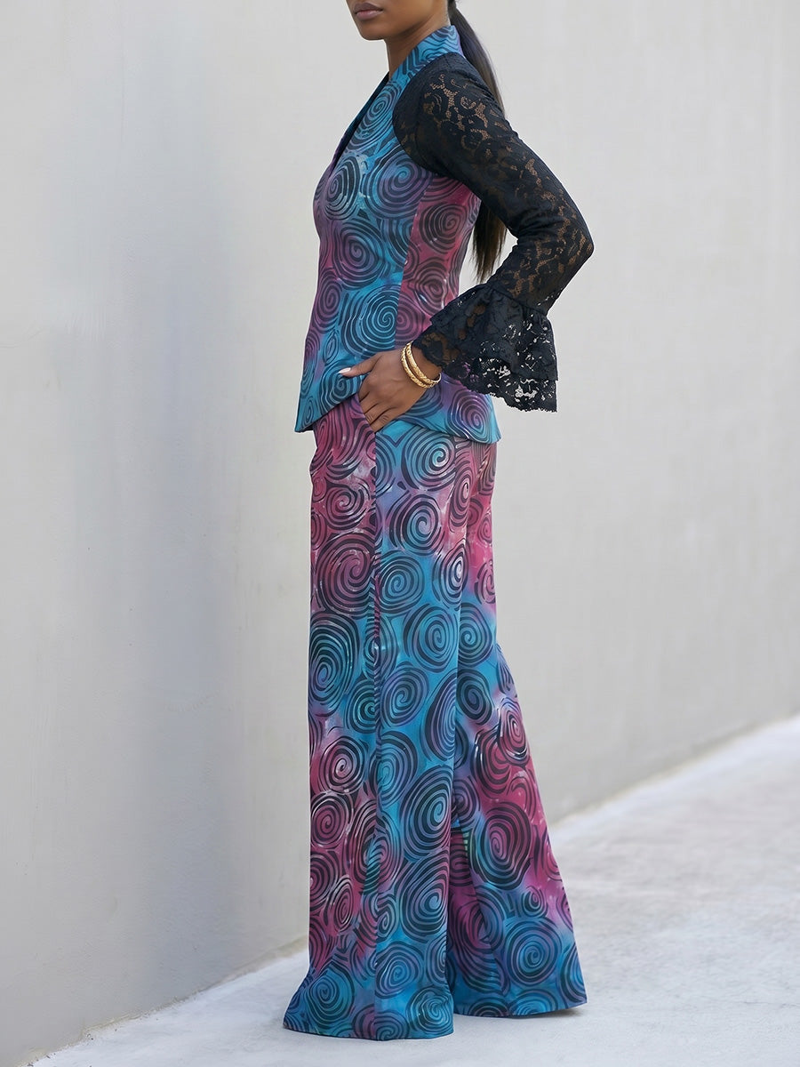 Flared Sleeves Long Sleeves Contrast Color Printed See-Through Split-Joint V-Neck Blouses&Shirts Tops