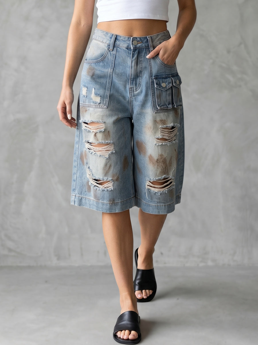 Cropped High Waisted Buttoned Hollow Pockets Split-Joint Jean Pants Bottoms