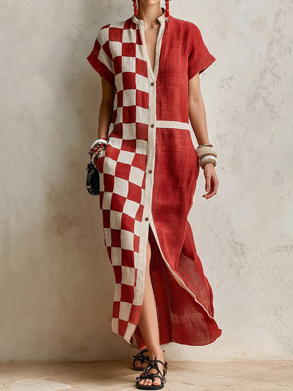 Split-front Split-Joint Pockets Plaid Contrast Color Buttoned Short Sleeves Loose V-neck Maxi Dresses