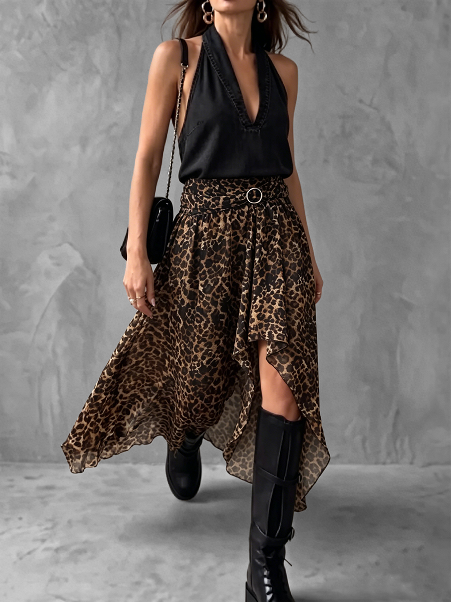 High Waisted High-Low Asymmetric Buckle Elasticity Leopard See-Through Split-Joint Skirts Bottoms