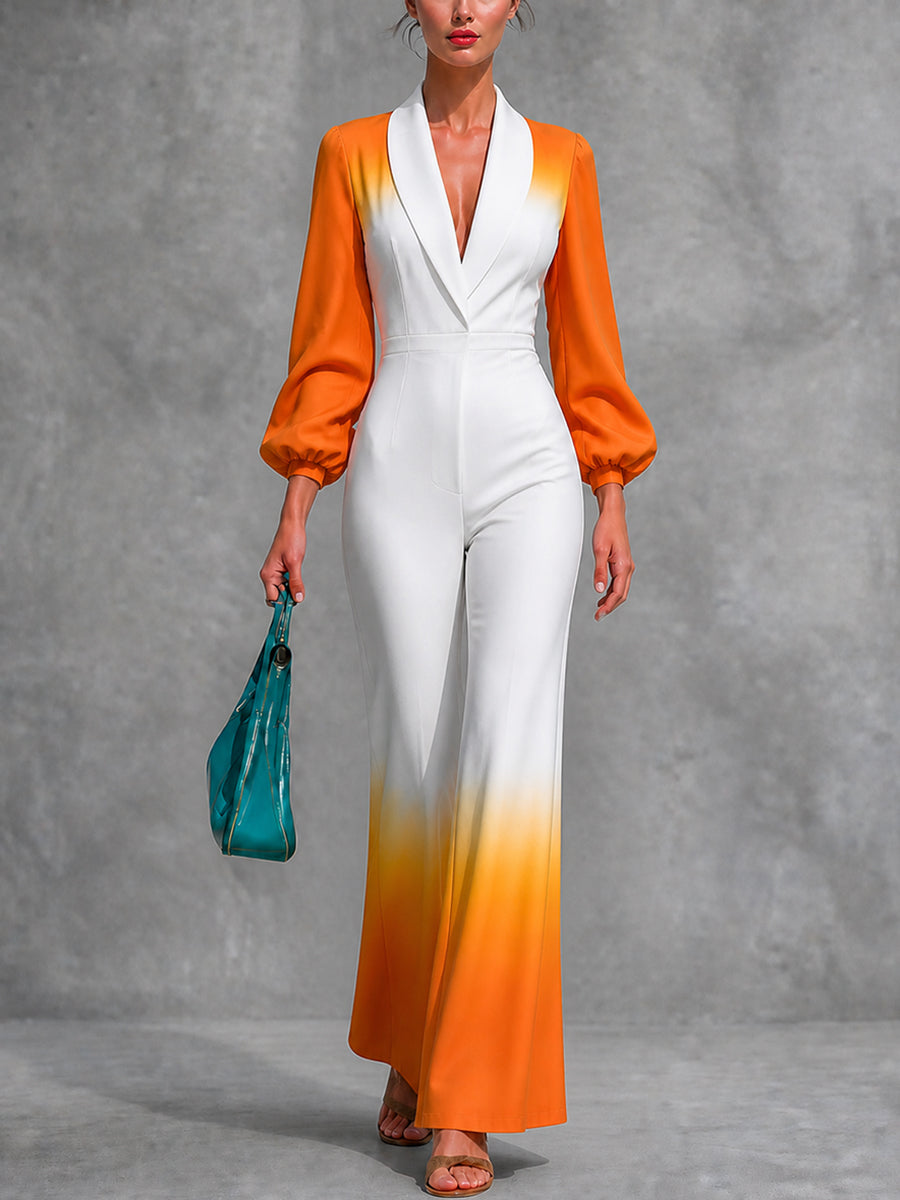 Zipper Pleated Gradient Puff Sleeves Long Sleeves V-neck Jumpsuits