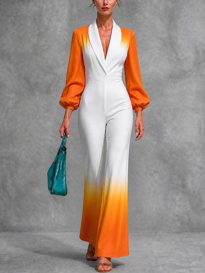 Zipper Pleated Gradient Puff Sleeves Long Sleeves V-neck Jumpsuits